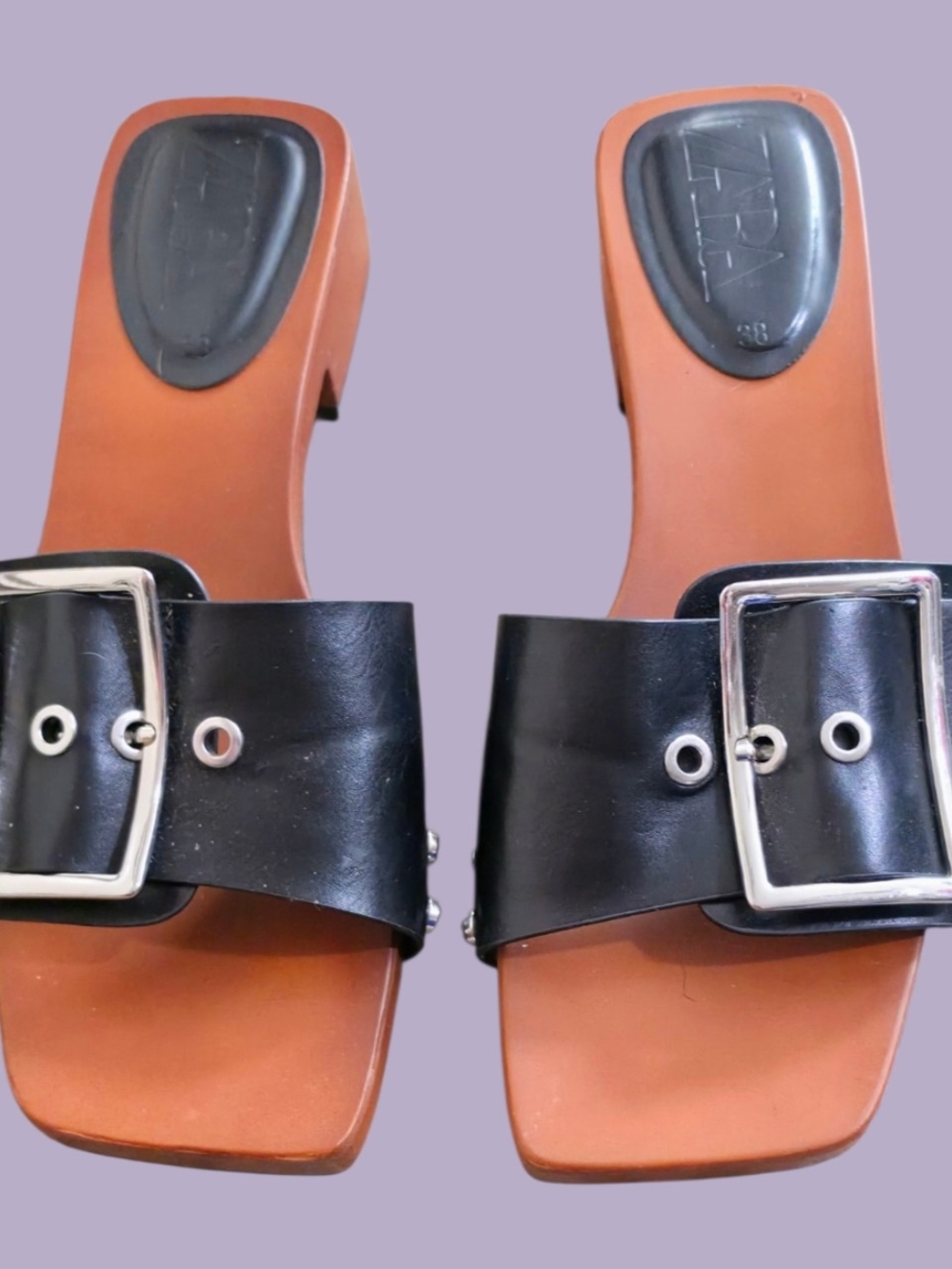 Zara Black Slide Sandals with Silver Buckles